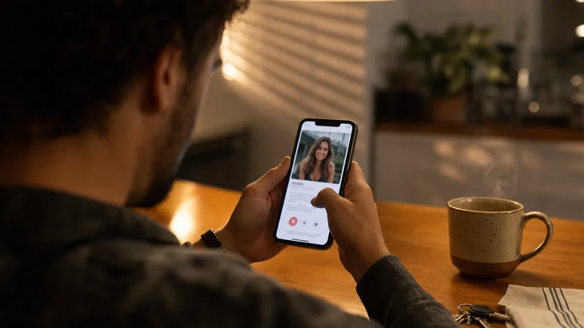 Homme assis à une table consultant un profil de rencontre sur son smartphone, tasse fumante à côté