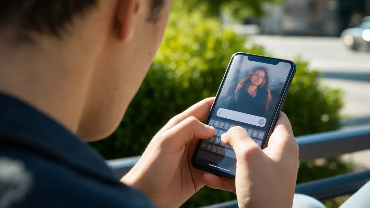 Un homme tient son smartphone et tape un message face à une photo de profil féminine