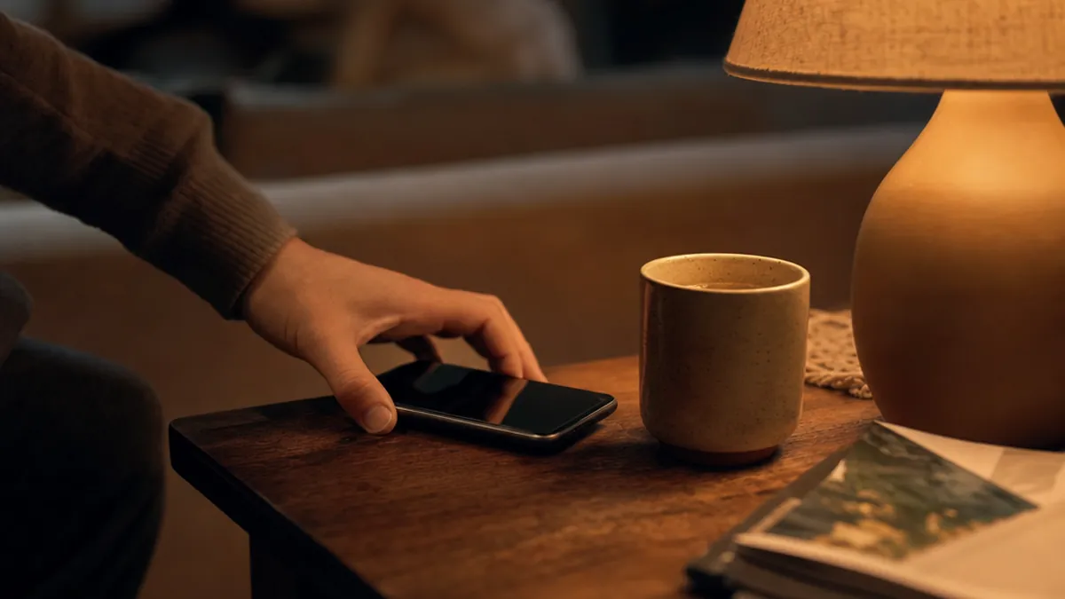 Une main saisit un smartphone posé sur une table basse en bois, près d'une tasse et d'une lampe