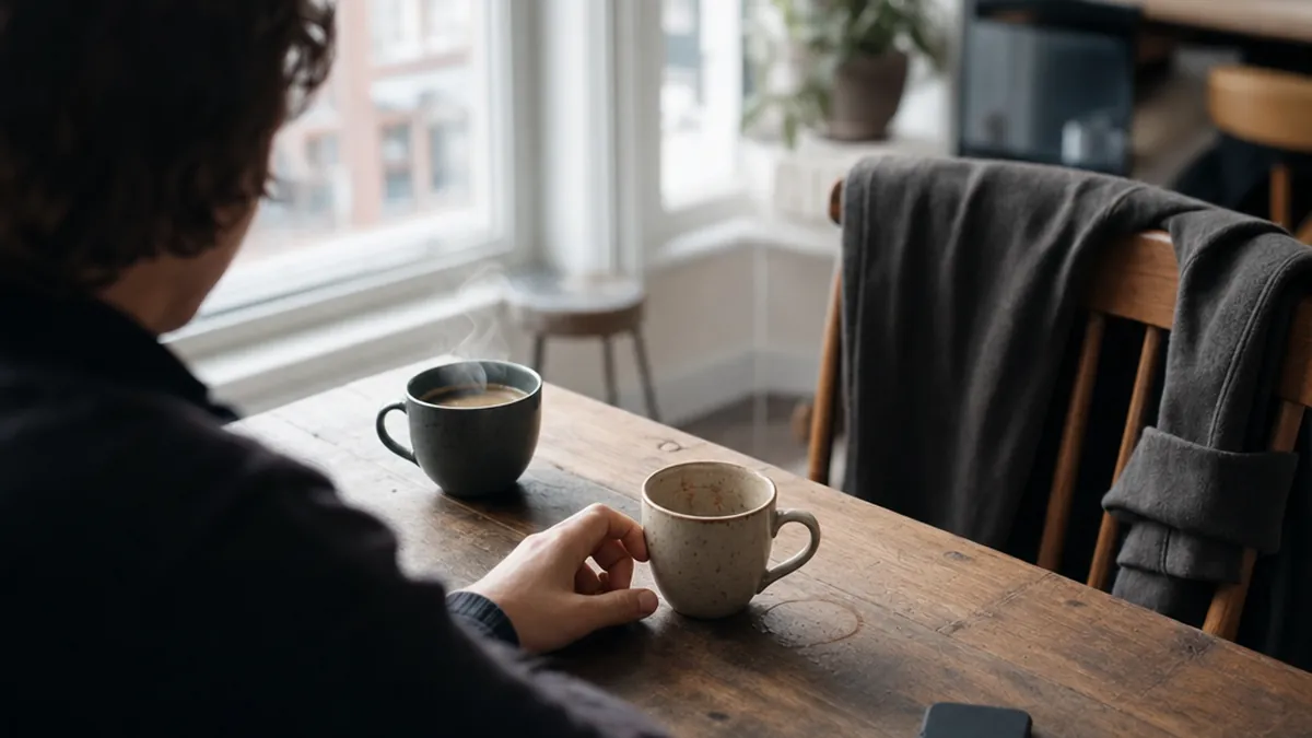 Une personne assise devant deux tasses de café fumantes sur une table en bois près d'une fenêtre