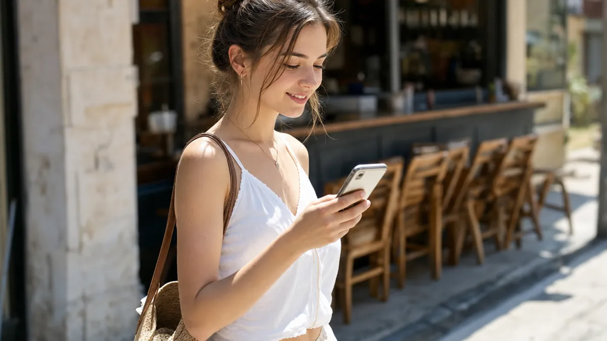 Jeune femme souriante consulte son téléphone devant une terrasse de café aux chaises en bois