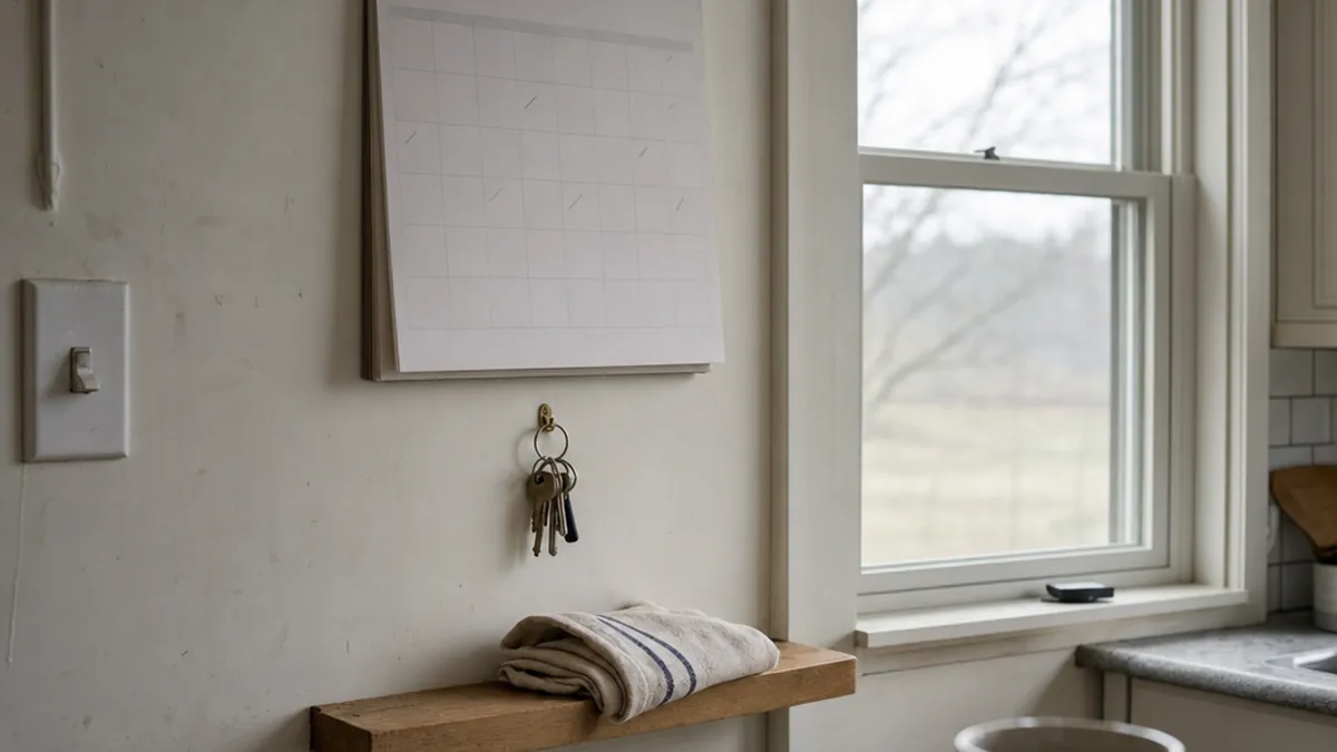 Calendrier mural vierge accroché près d'une fenêtre, trousseau de clés suspendu à un crochet