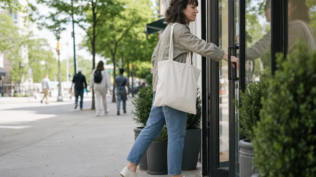 Une femme avec un sac en toile pousse la porte vitrée d'un café en pleine rue