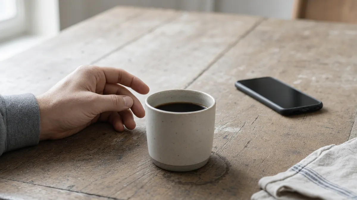 Une main saisit une tasse de café noir près d'un smartphone posé sur une table en bois