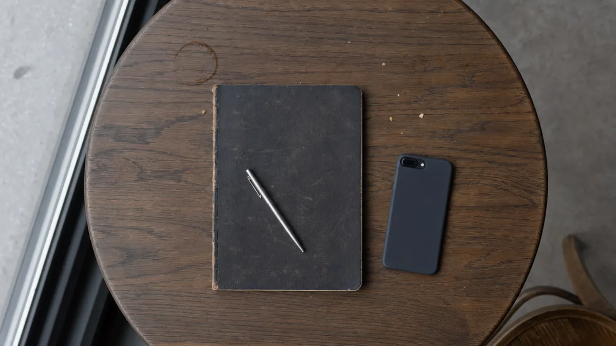 Dessus d'un carnet en cuir, un stylo et un smartphone posés sur une table en bois