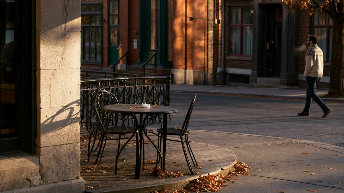 Table de café vide avec deux chaises en fer forgé, feuilles d'automne au sol, homme s'éloignant dans la rue