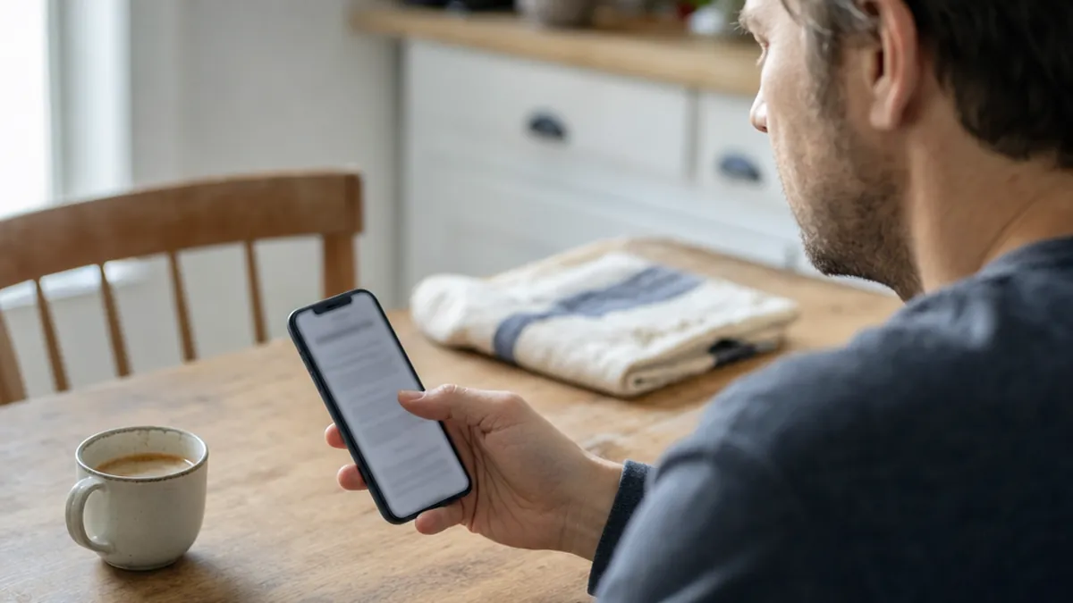 Un homme lit un profil sur son téléphone à une table de cuisine, tasse de café à côté