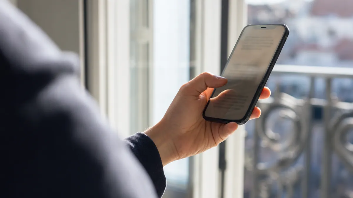 Une main tient un téléphone près d'une fenêtre avec un balcon en fer forgé en arrière-plan