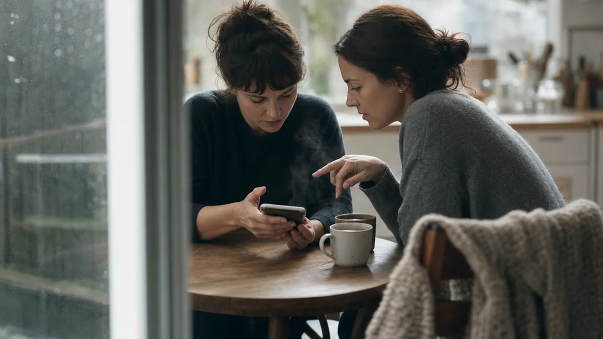Deux femmes attablées penchées sur un smartphone, tasses de café fumantes posées sur une table en bois