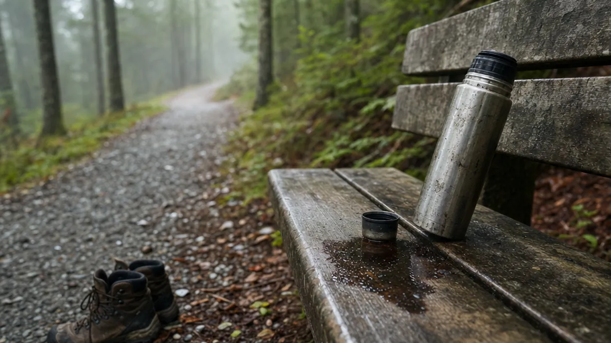 Thermos métallique renversé sur un banc en bois, chaussures de randonnée posées au sol dans la forêt