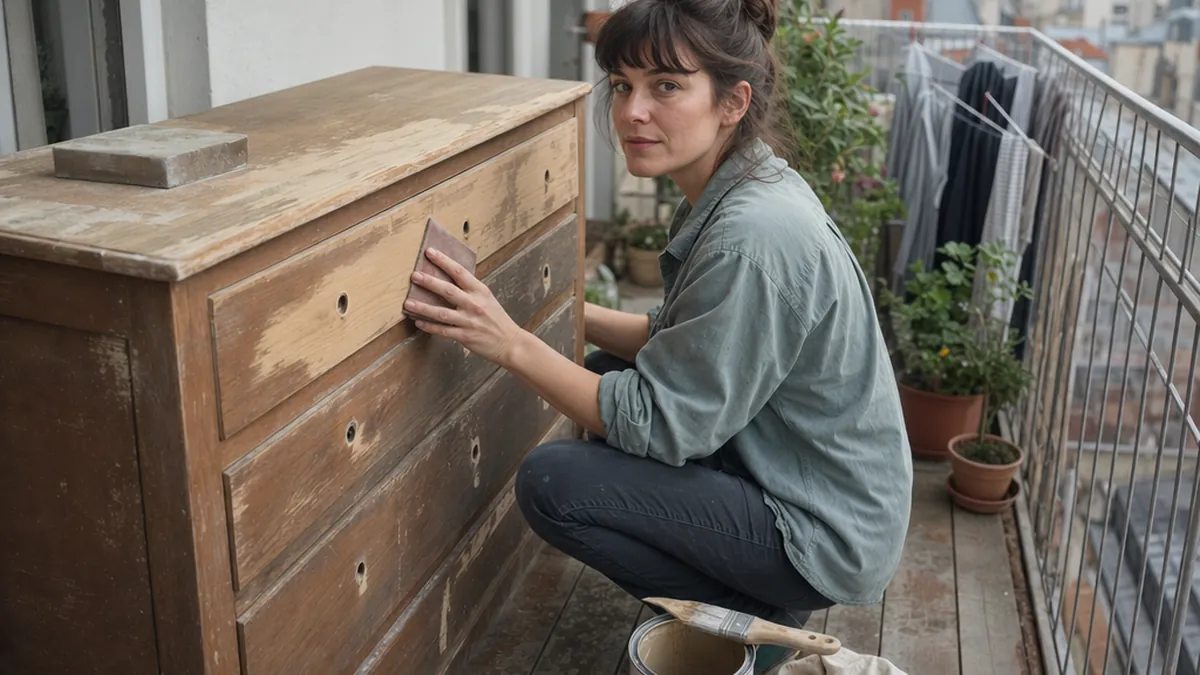 Une femme accroupie sur un balcon ponce une commode en bois, regard vers l'objectif