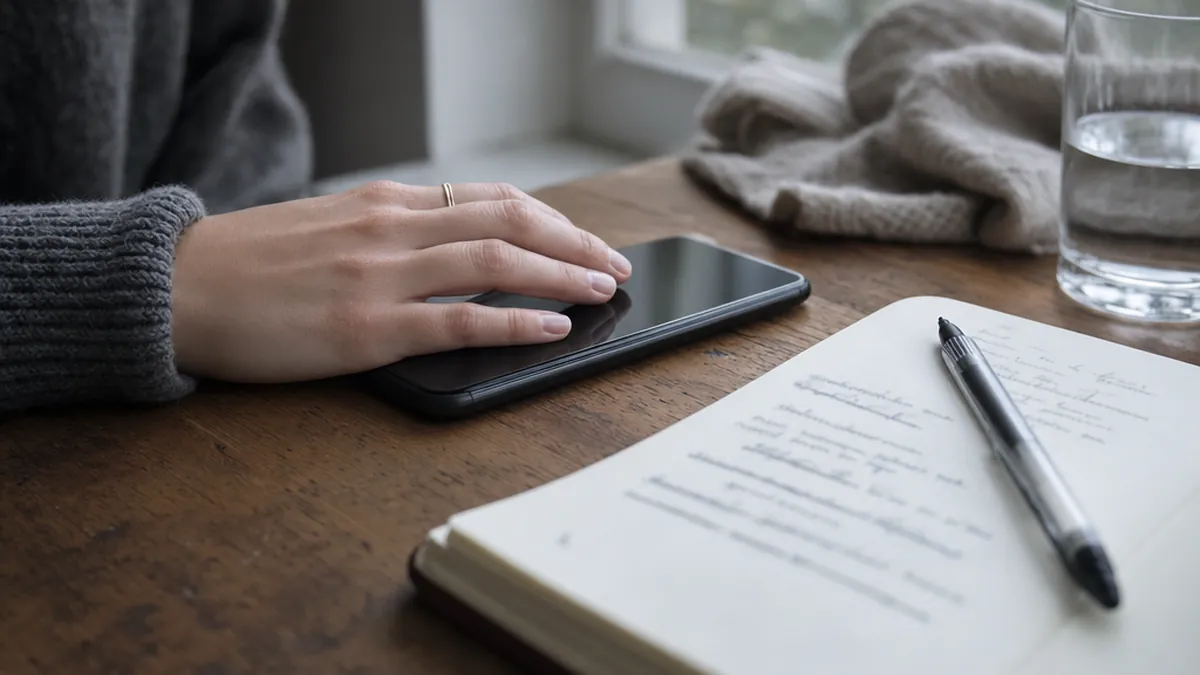 Main posée sur un téléphone éteint près d'un carnet manuscrit et d'un stylo sur une table